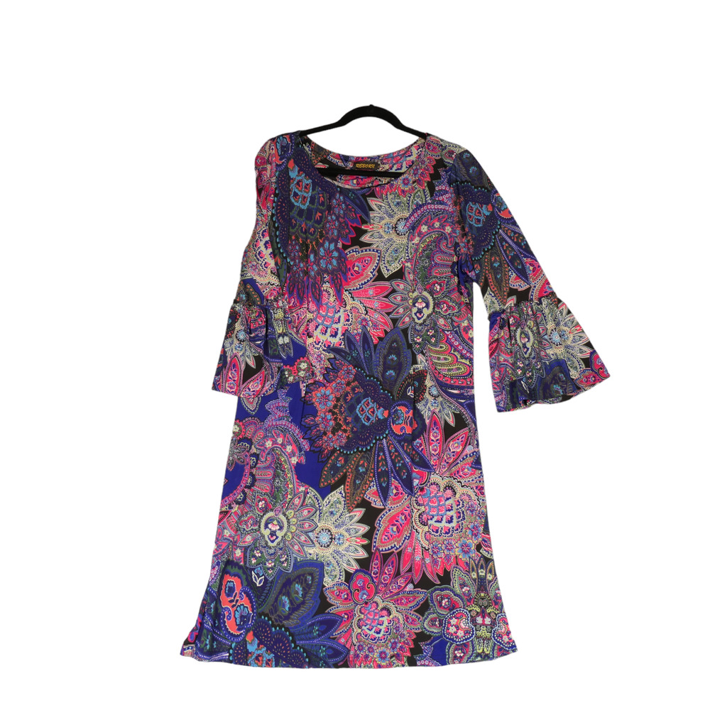 Reborn Sheath Dress Womens Large Blue Purple Multi Floral Flare Sleeves Boho